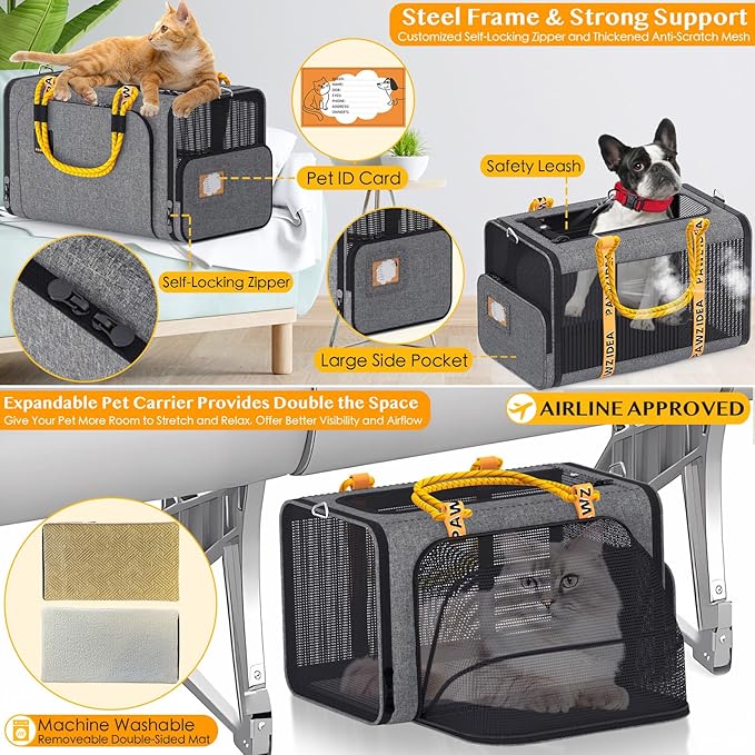 PAWZIDEA Double Pet Stroller with 2 Detachable Carriers, Portable Dog Crate for Car Travel & TSA-Approved Expandable Cat Carrier, Foldable Lightweight Jogger Stroller for 2–4 Cats or Small/Medium Dogs-Mewly Pet