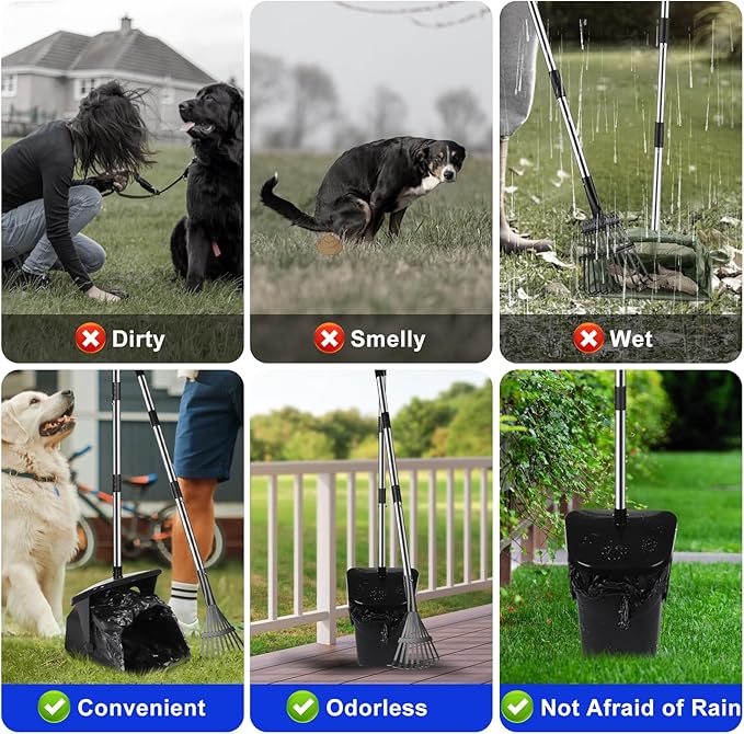 Dog Pooper Scooper with 20 Bag Attachment Long Handle Swivel Bin, Rake Heavy Duty Pooper Scooper for Large Medium Dogs Easy to Clean Poop Scooper for Yard, Grass, Gravel-Mewly Pet