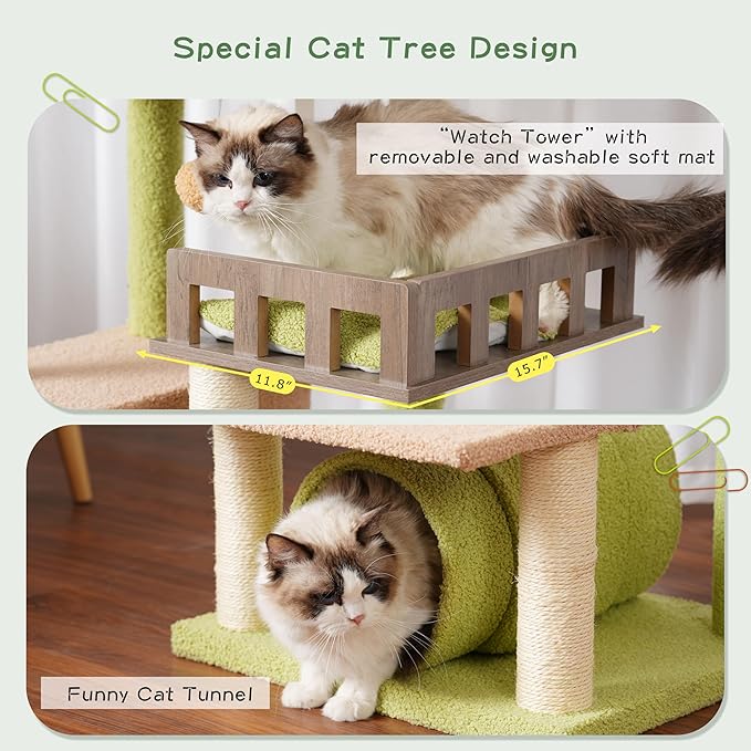 Cat Tree with Tunnel, Cat Tower for Indoor Cats, Tall Cactus Cat Tree Tower with Cat Condo, Food Station, Large Platform, Scratching Posts, Hammock, Green and Yellow GCT021GY-Mewly Pet