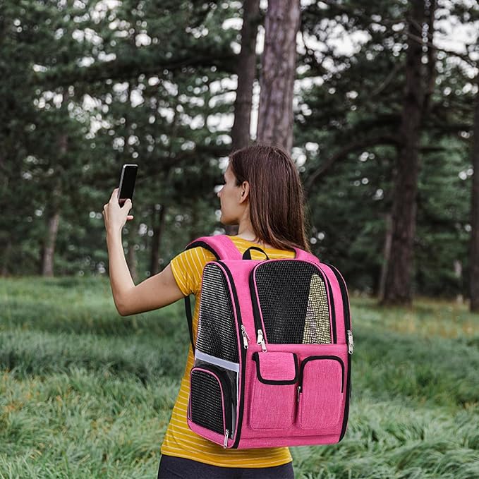 Pet Backpack, Airline Approved Dog Backpack, Cat Bag for Travel Hiking Bike Riding Walking Outdoor, Cat Backpack with Breathable Mesh(Pink)-Mewly Pet