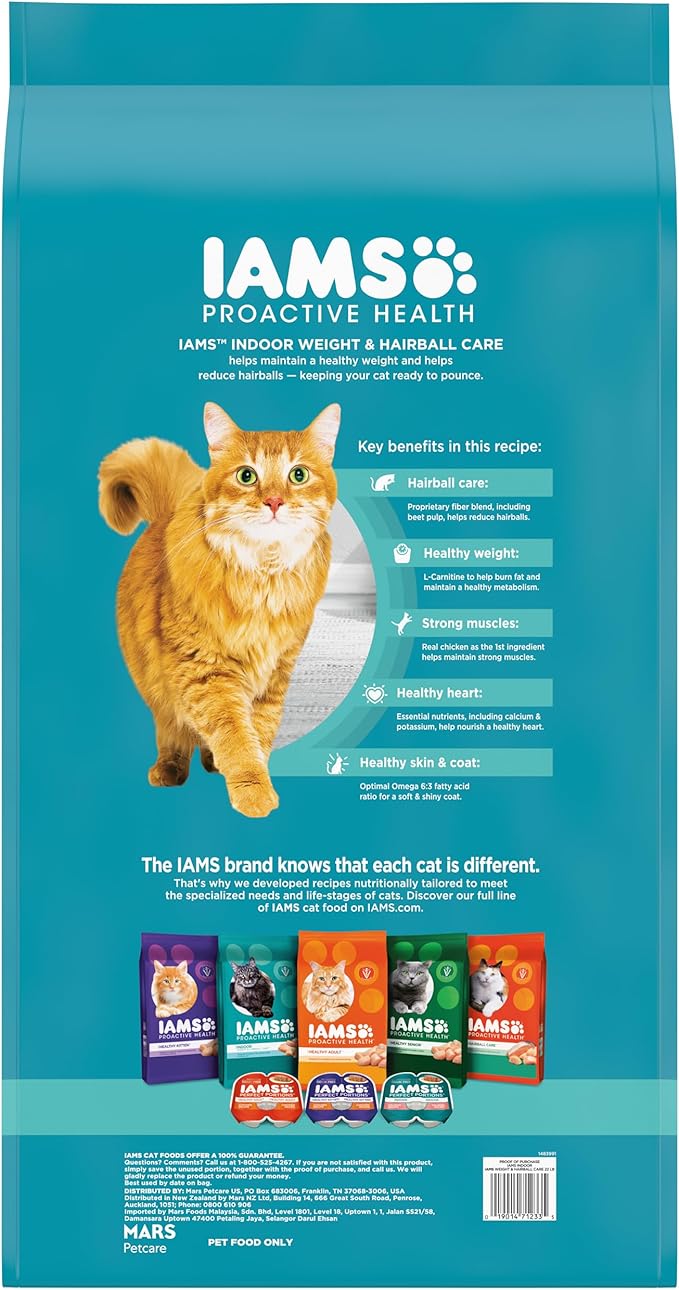 IAMS Proactive Health Indoor Weight Control & Hairball Care Adult Dry Cat Food, Chicken & Turkey Recipe, 22 lb. Bag-Mewly Pet