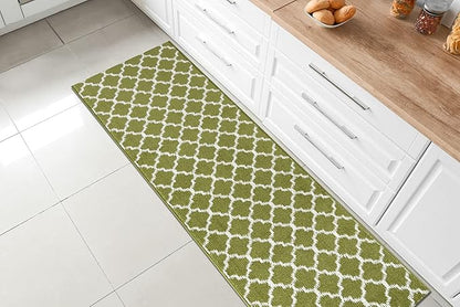 Custom Size Moroccan Trellis Runner Rug Mat for Wide Hallway Entryway Kitchen Laundry Room with Slip Resistant Latex Rubber Backing, Trellis Green, 31 inch X 10 feet