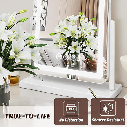 Vanity Mirror with Lights, 18"x13" Hollywood Lighted Makeup Mirror for Tabletop & Bedroom 3 Color Lighting Modes Smart Touch Control 360° Rotation Detachable