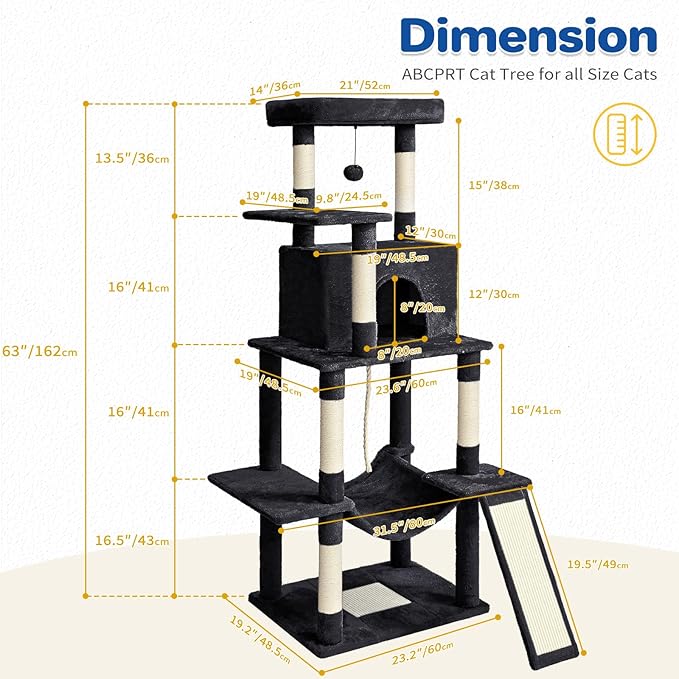 Cat Tree Tower 63in Multi-Level Cat Tower for Indoor Cats with Sisal Scratching Posts, Condo, Hammock, Dangling Ball and Extended Platform for Cats to Play, Black-Mewly Pet