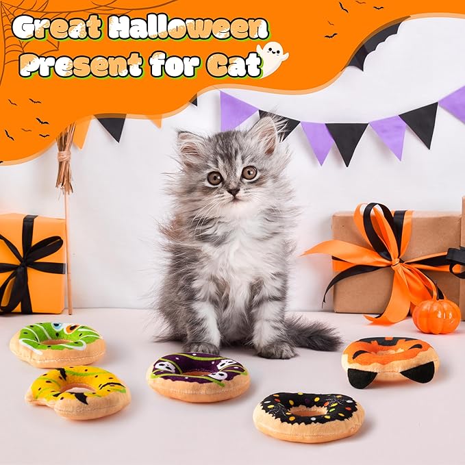 L1rabe Halloween Donut Catnip Stuffed Toys - 5 Funny Pumpkin Bat Spider Dessert Cat Toys Pet Supplies, Indoor Cats Chew Bite Teething Tools Kittens Catmint Birthday Interactive Supplies-Mewly Pet