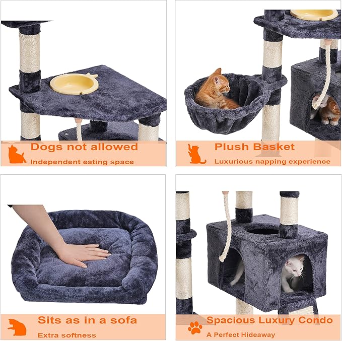 Heybly Cat Tree, Cat Tower for Indoor Cats with Scratching Board, Multi-Level Cat Furniture Condo with Feeding Bowl, Smoky Gray HCT010G-Mewly Pet