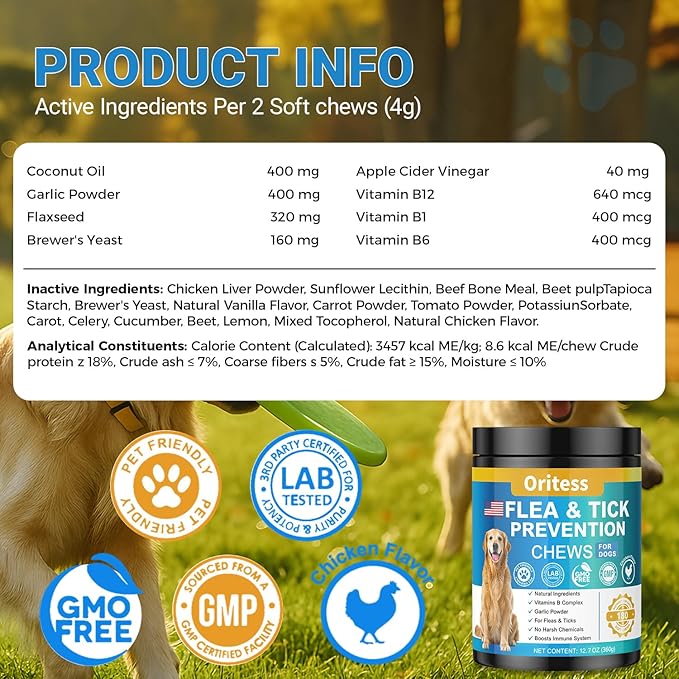 Flea and Tick Prevention for Dogs, 180 Soft Chews Natural Dog Flea and Tick Chewables Oral Flea Supplement for Dogs, Puppy Flea Support - All Breeds & Ages - Chicken Flavor-Mewly Pet