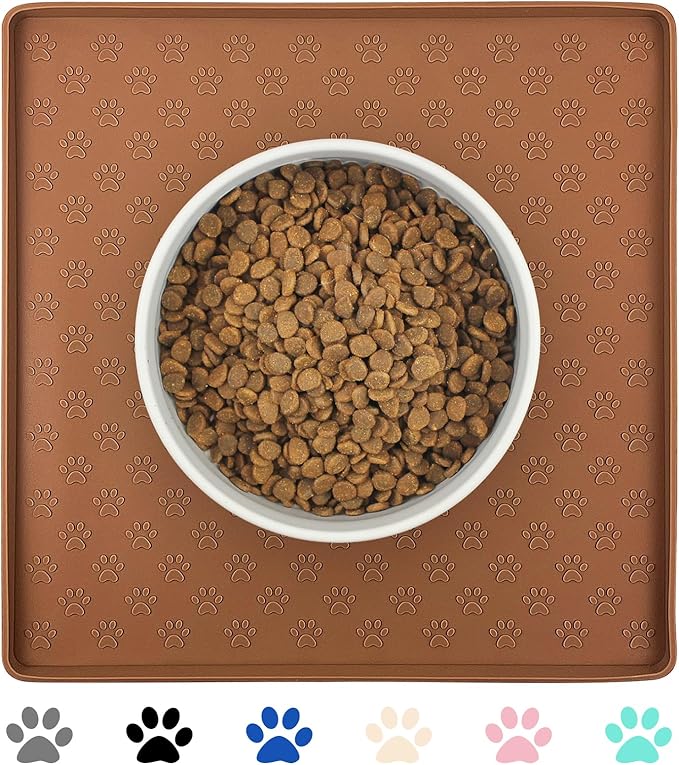 Ptlom Pet Placemat for Dog and Cat, Waterproof Silicone Pet Feeding Bowl Mats for Food and Water, Small Medium Large Dogs Mat Prevent Residues from Spilling to Floor, Brown, 11.8"x11.8"-Mewly Pet