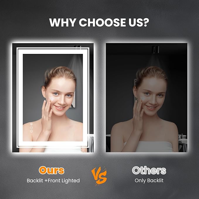 LED Bathroom Mirror, 20"x28" Mirror with Front and Backlit, Anti-Fog, Bathroom Vanity Mirror for Wall, Memory, Stepless Dimmable, Tempered Glass (Horizontal/Vertical)