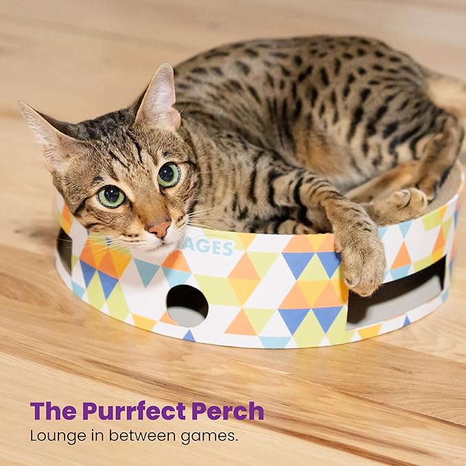 Catstages Bowl Track Scratcher Cat Ball-Track Toy, Corrugated Scratch, and Lounger All-in-One, Two Balls Included for Interactive Play, Multicolored-Mewly Pet