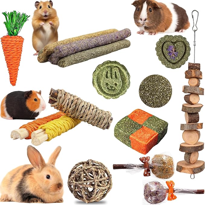 HERCOOCI 18Pcs Rabbit Chew Toys, Bunny Treats and Ball Timothy Hay Stick Toys for Rabbit Bunny Guinea Pig Chinchilla Hamster Teeth Care-Mewly Pet
