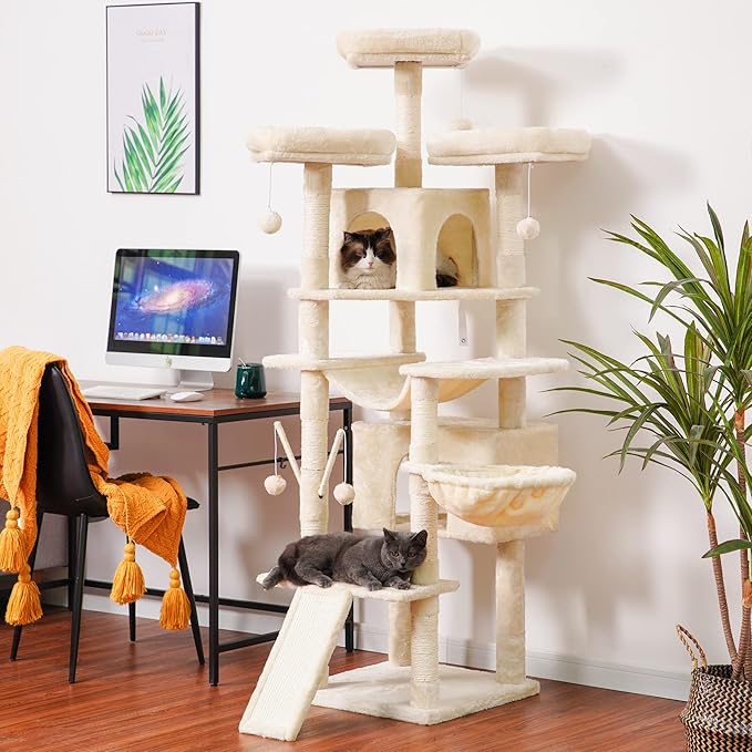 Hey-brother Cat Tree, 71 inches XL Large Cat Tower for Indoor Cats, Multi-Level Cat House with 3 Padded Perches, Big Scratcher, Cozy Basket, 2 Cat Condos and Scratching Posts, Beige MPJ034M-Mewly Pet