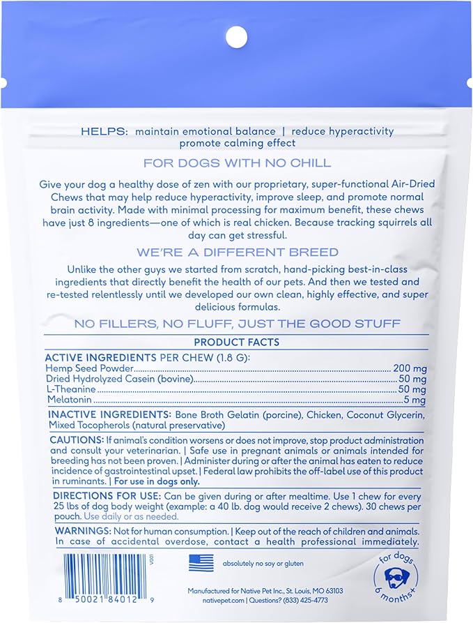 Native Pet Calming Chews for Dogs - Melatonin for Dogs Anxiety Relief - Grain Free All Natural Hemp Calming Treats & L-Theanine Helps Manage Stress & Separation Anxiety - Puppy Sleep Aid - 30 Chews-Mewly Pet