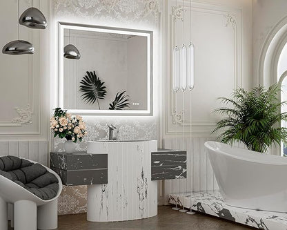 TETOTE Brushed Silver LED Bathroom Mirror with Lights 42x36 Front & Back Light Vanity Framed Mirror Baroque Anti Fog Dimmable White/Warm/Natural,CRI90+,Waterproof,Wall Mounted(Horizontal/Vertical)