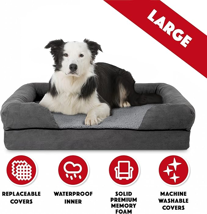 The Dog’s Bed, Large Grey Plush (no Logo), Memory Foam, Pain Relief: Arthritis, Hip & Elbow Dysplasia, Post Surgery, Lameness, Supportive, Calming, Waterproof Washable Cover, Veterinary Approved-Mewly Pet
