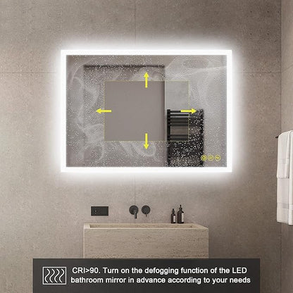 Wall-Mounted LED Square Bathroom Mirror, Makeup Mirror (36 inches x 24 inches,) 3 Color Stepless Dimmable Memory Bathroom Vanity Mirror with Lights CRI90+ 3000-6400K Smart Mirror with Touch