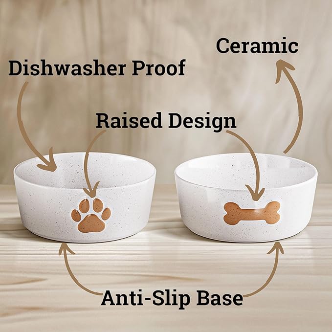 Ceramic Dog Bowl Set of 2 with Anti-Skid Base - 5" Wide x 2" Tall Ceramic Dog Bowls for Small Dogs - 2 Cup Capacity Food and Water Bowls for Dogs - Rubber Bottom Pet Bowl Set of 2 for Small Pets-Mewly Pet