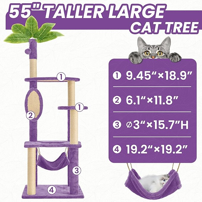 55 Inch Large Cat Tree Tower for Indoor Cats with Hammock Green Leaves Sisal Scratching Post, Plush Hang Ball Play Furniture for Kittens & Adult Cats, New Purple-Mewly Pet