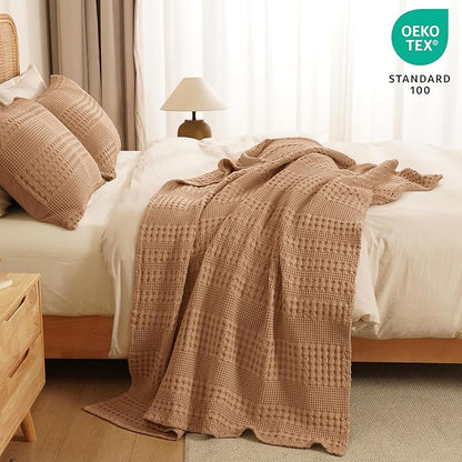 PHF 100% Cotton Waffle Weave Throw Blanket, Soft Lightweight Breathable Cozy Throws for Couch Bed Sofa, Luxury Aesthetic Woven Blanket for Home Decor & Office, 50"x60", Clay