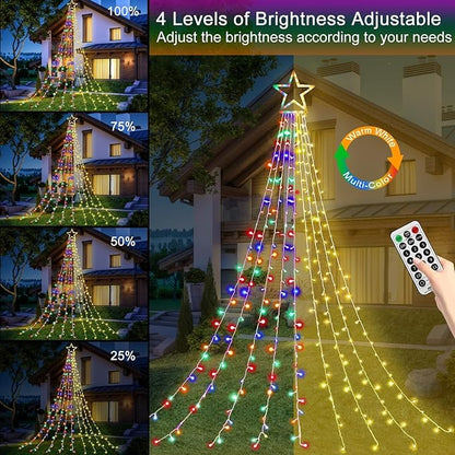 FUNIAO Christmas String Lights 320 LED Christmas Decorations Star Waterfall Lights with 11 Modes Remote Control for Tree Wall Yard Wedding Party (Warmwhite+Multicolored)