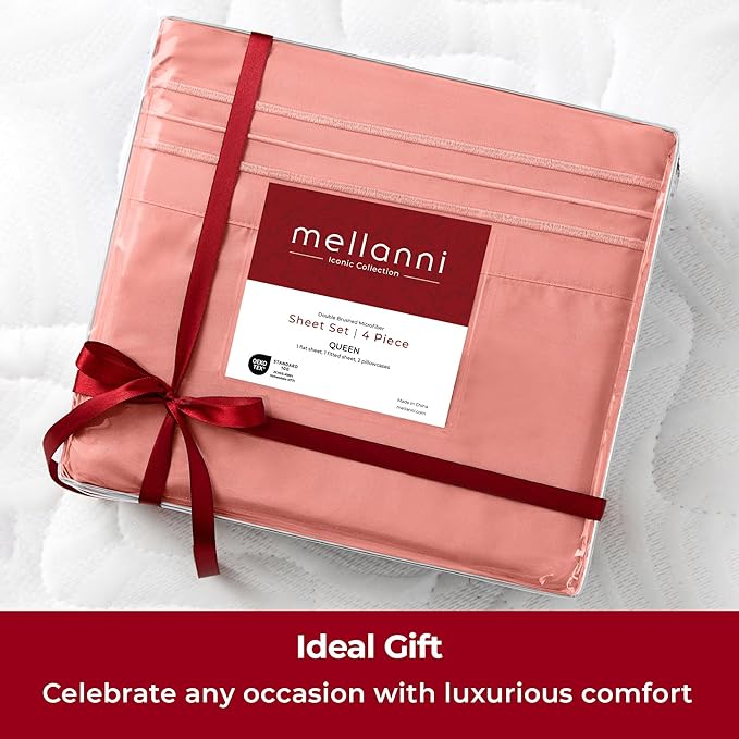 Mellanni Extra Deep Queen Sheets - 4 PC Iconic Collection Bedding - Hotel Luxury, Ultra Soft, Cooling Bed Sheets - Wrinkle, Fade, Stain Resistant (Queen, Coral)