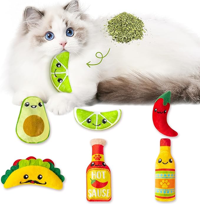 L1rabe Mexican Catnip Stuffed Toys - Hispanic Heritage Month 6Pcs Funny Cat Toys for Cat Lovers Gifts, Carnival Sause Avocado Indoor Kitten Chew Bite Kick Interactive Pet Supplies Kitten Birthday Gift-Mewly Pet