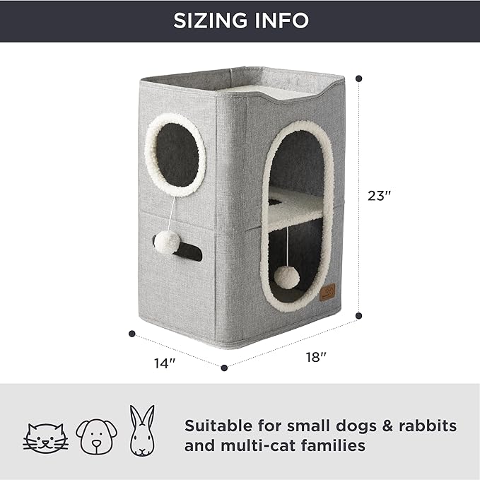 Bedsure 2 Story Cat House - Cat Condos for Indoor Cats with Scratch Pad and Fluffy Ball Hanging, Small Pet Cave Furniture Hideaway for Multi Pets, 18x14x23 inches, Grey-Mewly Pet