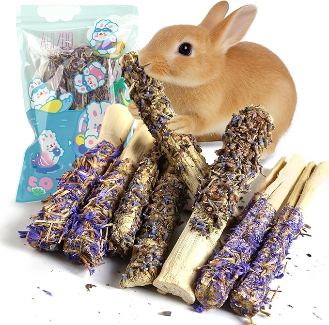 Abizoo Sweet Bamboo Rabbit Chew Sticks Treats and Toys 8Pcs Natural Hay with Forget-Me-Not Lavender for Bunny Guinea Pig Chinchilla Dental Care-Mewly Pet