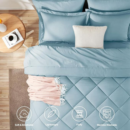 CozyLux Queen Comforter Set Light Blue - Bed in a Bag Queen Size 7 Pieces, Luxury Soft Bed Set for All Seasons, Bedding Set with Down Alternative Comforter, Sheets, Pillowcases & Shams