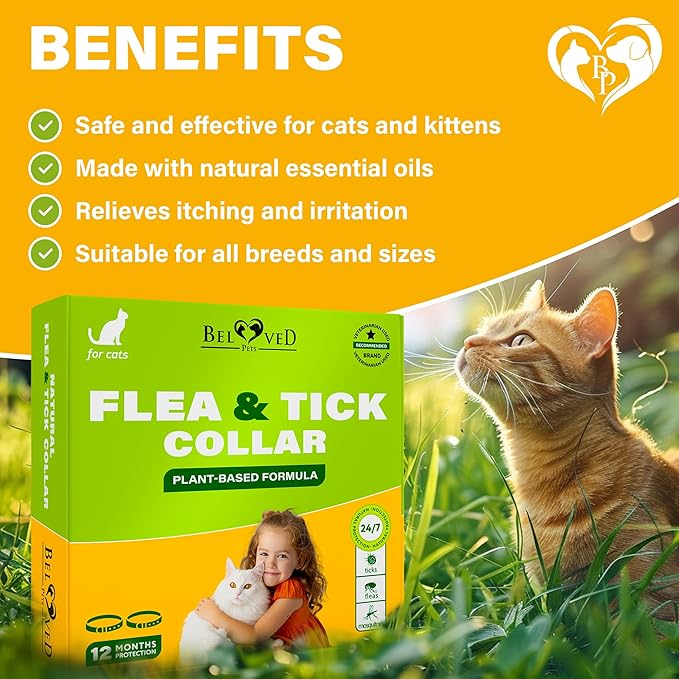 Natural Flea & Tick Collar for Cats - 12 Months Control of Best Prevention & Safe Treatment - Anti Fleas and Ticks Essential Oil Repellent (2 Pack)-Mewly Pet