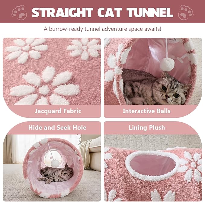 Straight Cat Tunnel for Indoor Cats 47"x12", Cute Cat Toys Collapsible Tunnel Tube with Balls for Puppy Kitten Rabbit, Pink Flower-Mewly Pet