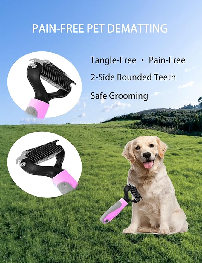 6ps Dog Cat Brush Grooming Kitf, Dog Cat Brushes, Bath Brush, Dematting Rake and Comb, Nail Clipper, Nail File, Flea Comb (Pink 6 Kits)-Mewly Pet