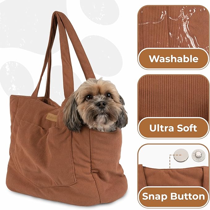 Corduroy Dog Carrier - Lightweight Cotton Soft-Sided Pet Tote with Safety Harness Clip - Breathable Travel Carrier for Small Dogs and Puppies (Brown)-Mewly Pet