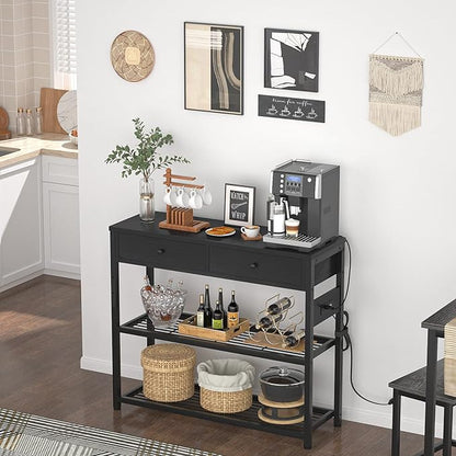 Ecoprsio Entryway Table with Outlets and USB Ports, Console Table with 2 Drawers, Small Sofa Table with Storage Shelves for Living Room, Couch, Hallway, Foyer, Kitchen Counter, 32'', Black