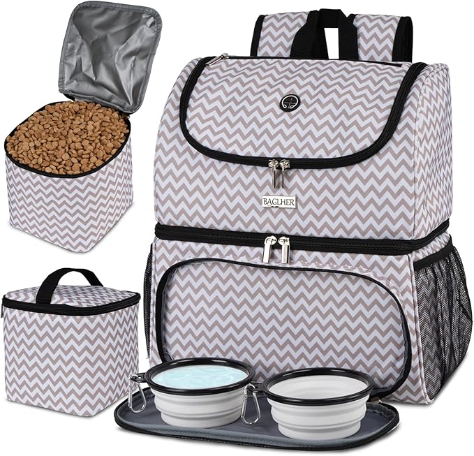 BAGLHER Pet Travel Bag, Double-Layer Pet Supplies Backpack (for All Pet Travel Supplies), Pet Travel Backpack with 2 Silicone Collapsible Bowls and 2 Food Baskets BLW-Mewly Pet