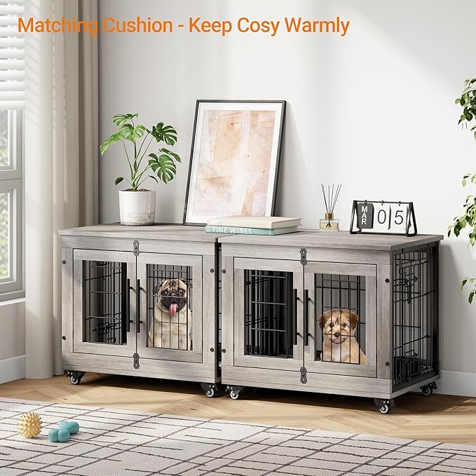 Lulive Small Dog Crate Furniture, Dog Kennel Indoor Double Doors Wooden Dog Cage, 27.1'' Heavy Duty Dog Crate with Cushion & Wheels, Decorative End Table Pet House Chew-Resistant for Small Dogs, Grey-Mewly Pet