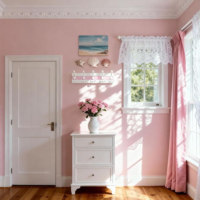 SKOLOO Coastal Wall Mounted Coat Rack - 17" Beach House Entryway Wooden Coat Hook with 5 Hooks for Hanging Coats, Hats or Towels, Oceanfront Cottage Core Collection, White & Palm Beach Pink