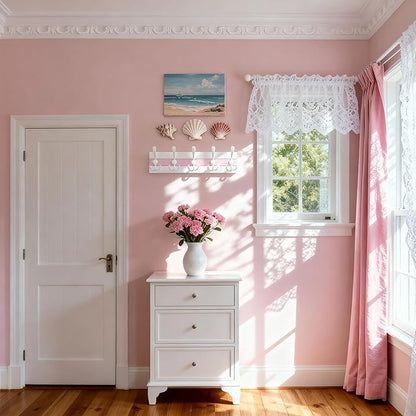 SKOLOO Coastal Wall Mounted Coat Rack - 17" Beach House Entryway Wooden Coat Hook with 5 Hooks for Hanging Coats, Hats or Towels, Oceanfront Cottage Core Collection, White & Palm Beach Pink, Pack of 2