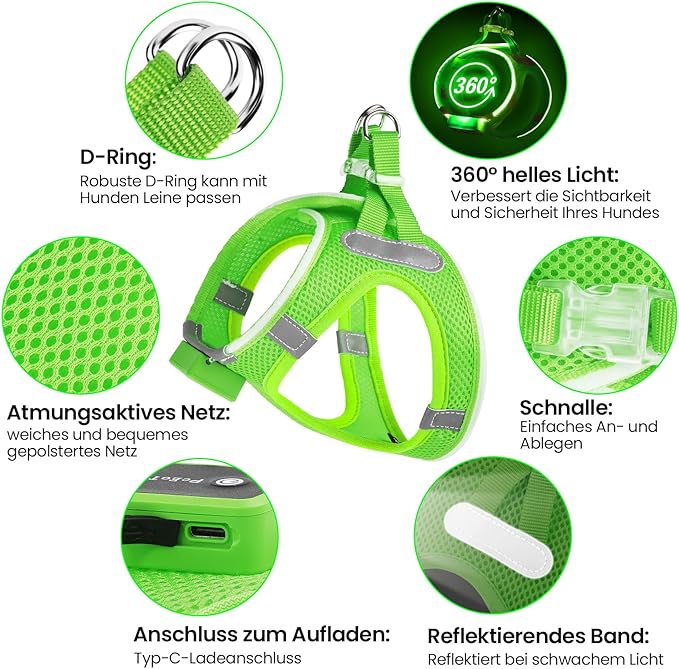 PceoTllar Light Up Dog Harness, LED No Pull Reflective Dog Harness, Flashing Lighted for Night Walking - Small/Medium, (Green L)-Mewly Pet