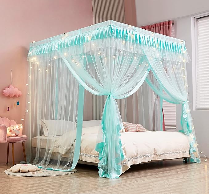 Mengersi Canopy Bed Curtains Full Size,Bed Canopy Royal Luxurious Cozy Drape Netting - Cute Princess Bedroom Decoration Accessories (Sky Blue)