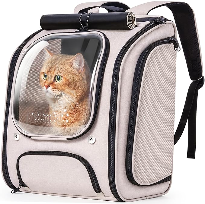 Pecute Cat Backpack Carrier, Large Space Cat Bubble Backpack, Breathable Cat Carrier, Shaded Dog Backpack Carrier, Ergonomic 3D Design for Travel, Hiking, Suitable for Shopping, and Vet, Khaki-Mewly Pet