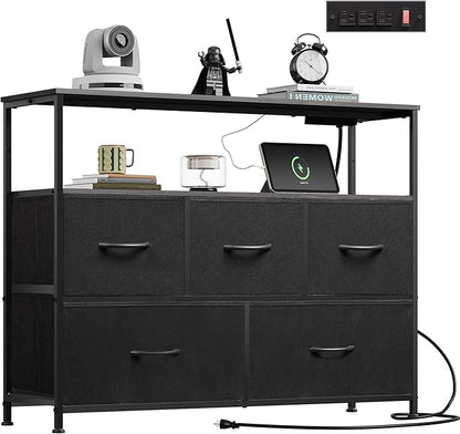 WLIVE Black Dresser for Bedroom, 5 Drawer Dressers with Charging Station, Fabric Chest of Drawers with Open Shelves, Storage Dresser for Living Room, Closet, Entryway