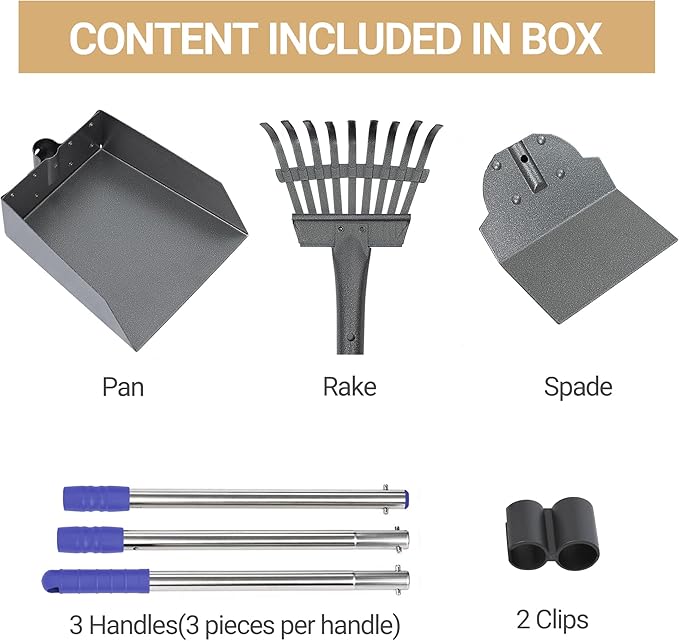 Heeyoo Dog Pooper Scooper, Dog Poop Tray and Rake Set, Pet Waste Removal Scoop with Long Adjustable Sectional Stainless Handles-Mewly Pet