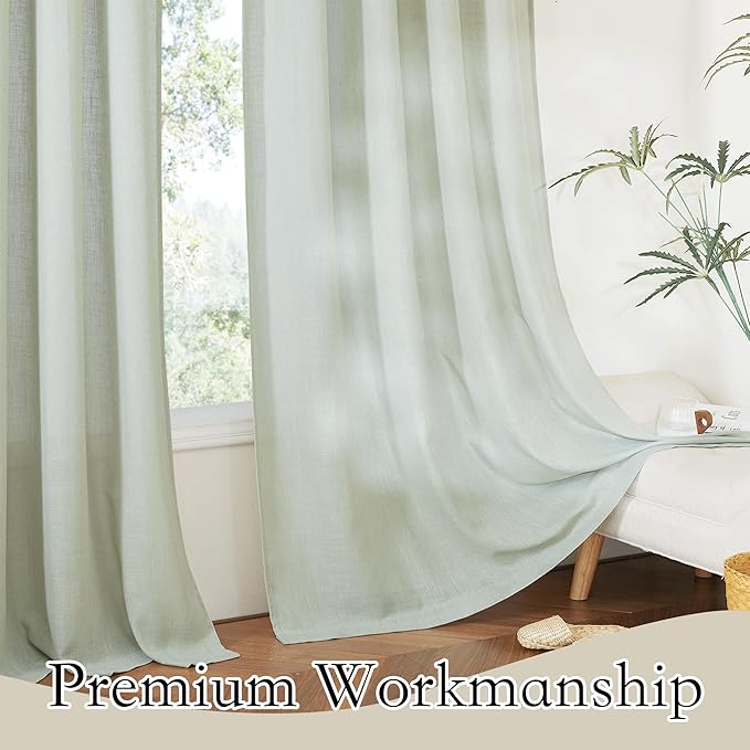 RYB HOME Green Linen Blend Curtains for Kitchen Laundry Room Nursery, Semi Transparent Sun Protection Privacy Soft Farmhouse Sheer Drapes for Kids Room, Sage Green, W 60 x L 108, 1 Pc