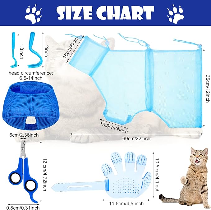 Patelai 5 Pcs Cat Bathing Bag Set Cat Grooming Bag Adjustable Pet Shower Net Muzzles Nail Clipper Tick Remover Tool Massage Brush(Blue)-Mewly Pet