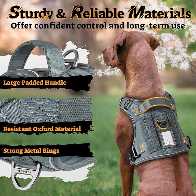 rabbitgoo Dog Harness Medium Sized No Pull, Tactical Service Pet Vest with Molle and Control Handle, Adjustable and Reflective Military Harness for Easy Walking and Training, Grey, M-Mewly Pet