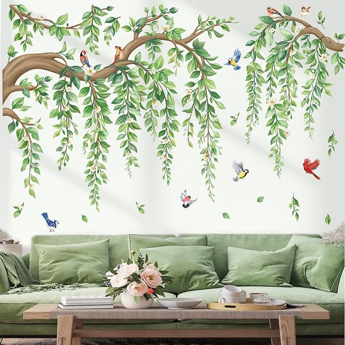 wondever Large Tree Branch Hanging Vine Wall Stickers Green Leaf Flower Birds Peel and Stick Wall Art Decals for Living Room Bedroom TV Wall