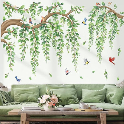wondever Large Tree Branch Hanging Vine Wall Stickers Green Leaf Flower Birds Peel and Stick Wall Art Decals for Living Room Bedroom TV Wall