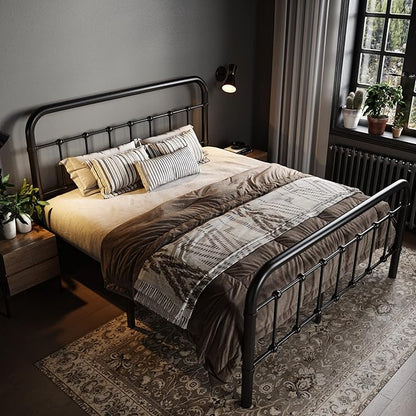 Allewie Full Size Metal Platform Bed Frame with Victorian Style Wrought Iron-Art Headboard/Footboard, No Box Spring Required，Black