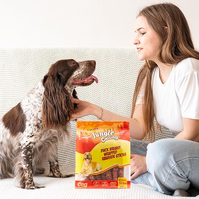 Jungle Calling Dog Treats, Duck Breast Wrapped Rawhide Sticks for Dogs, Grain-Free Natural Chewy Treats Picky Dogs, Puppy Chews Snacks,10.6 oz-Mewly Pet